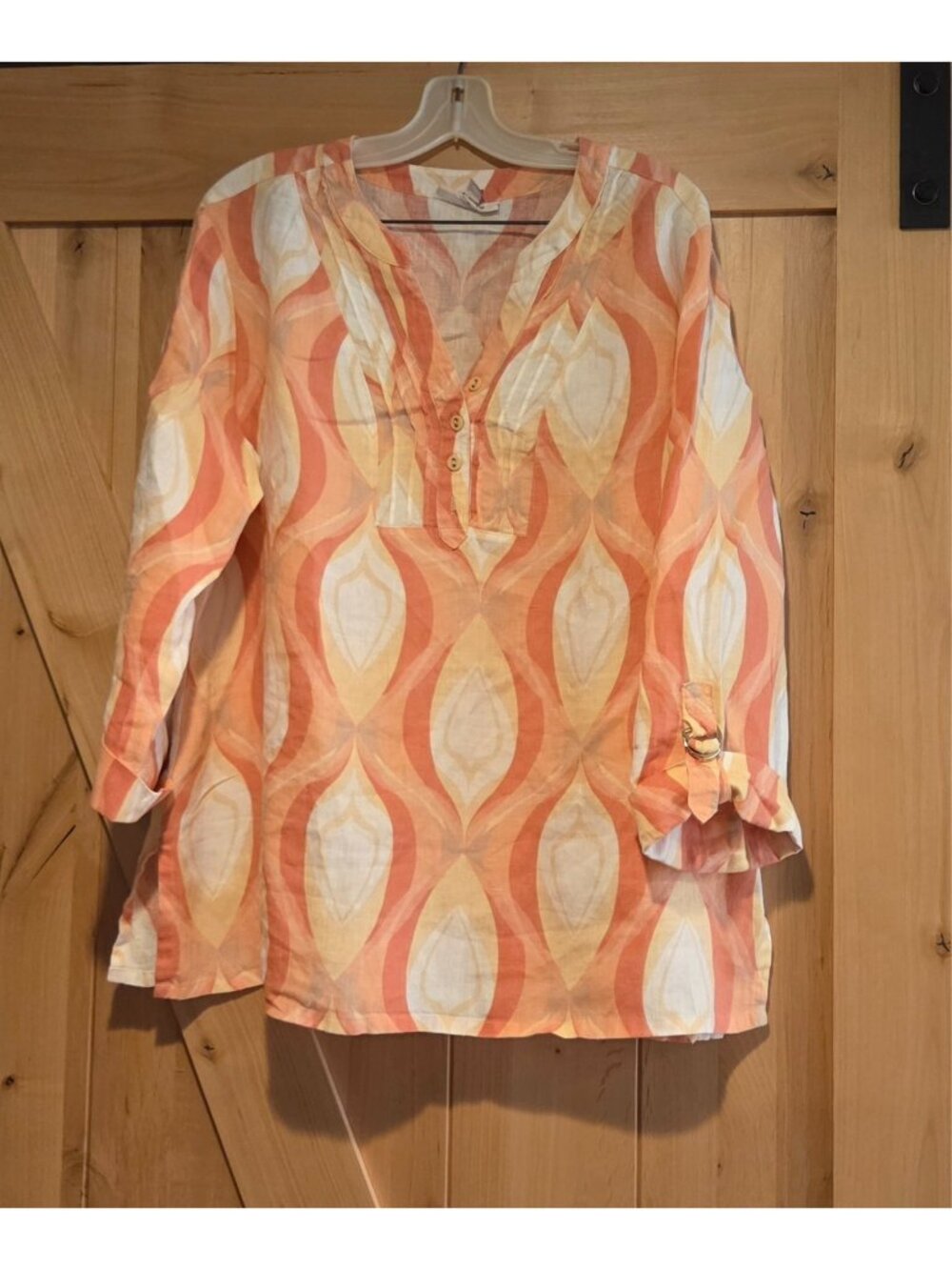 JM Collection Womens Size 18 100% Linen Blouse 1/4 Button Tunic Roll Tab Sleeve
